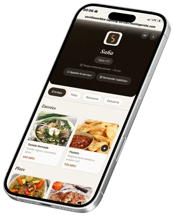 Aperçu de l'écran de commande client Saha, avec le menu et les catégories de plats