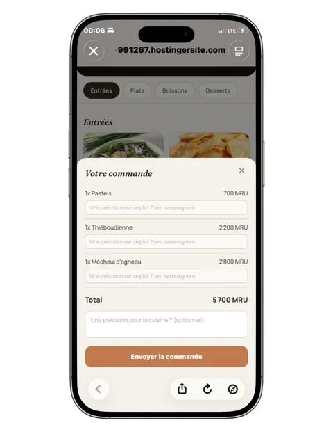 Panier de commande du client, avec la liste des plats et le total