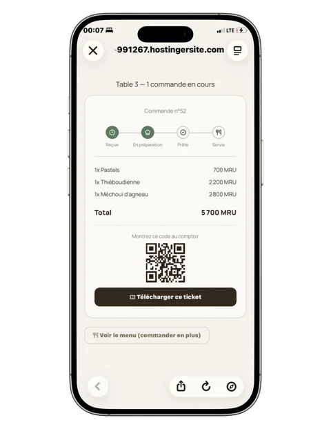 Suivi de la commande en direct, avec les étapes de préparation et le QR code